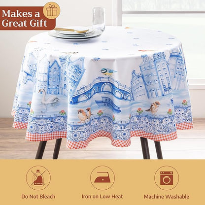 Maison d' Hermine Table Cloth Round Table 100% Cotton 63 Round Inches Tablecloth Reusable Decorative for Dining Room Farmhouse Home Valentines Day Decorations Spring Summer - Amsterdam Canals