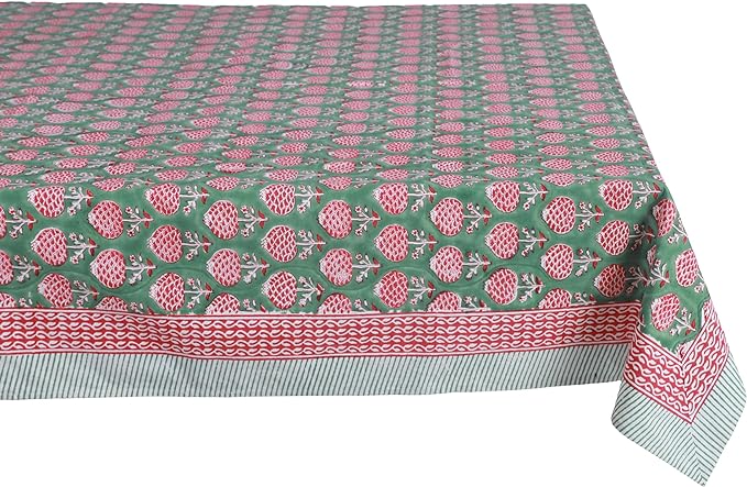 ATOSII Roma Green 100% Cotton Rectangle Spring Summer Tablecloth, Handblock Floral Table Cloth Linen for Kitchen Dining I Parties Wedding Outdoors Easter Picnics Holidays I 72 X 140 Inches I 12 Seater