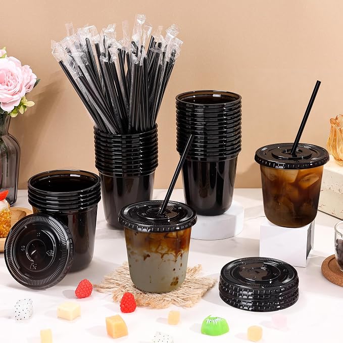 tchrules 100 Set 12oz Black Round Bottom Plastic Cups - Image 3