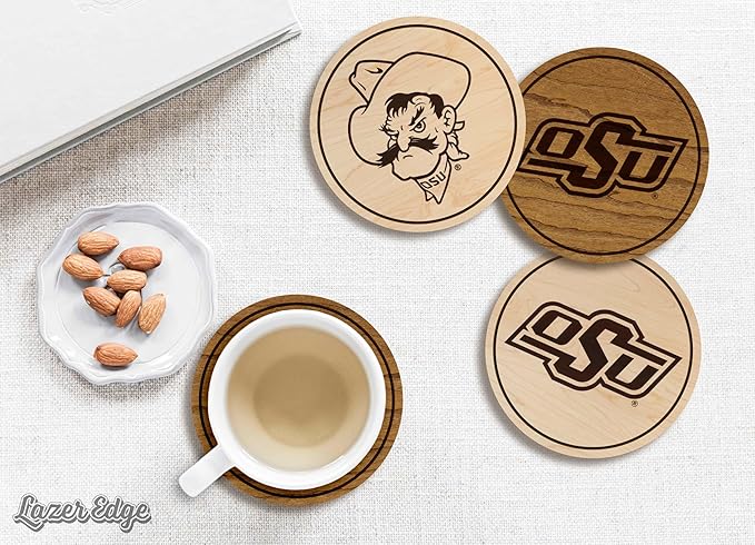 LazerEdge Oklahoma State Cowboys Wooden Coaster Set - Maple Wood - Officially Licensed Product - 4-Pack