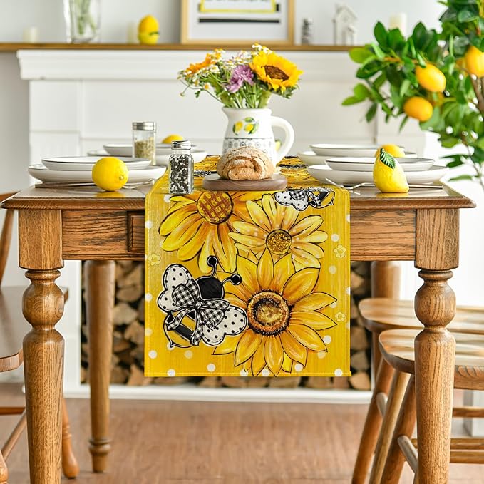 Artoid Mode Yellow Sunflower Bee Flower Polka Dot Summer Table Runner, Seasonal - Image 2