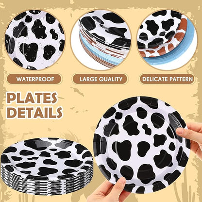 60 Pcs 7 Inch Western Cowboy Party Paper Plates Blue Brown Cartoon Plates Decorations Cow Print Disposable Dessert Dish for Western Theme Farm Birthday Baby Shower Farmhouse Party Supplies