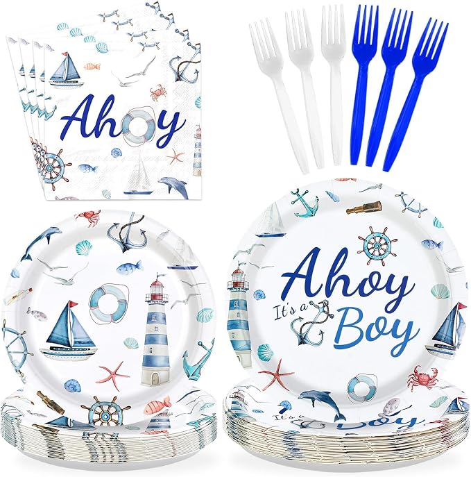 96 Pcs Ahoy It's A Boy Baby Shower Decorations, Serves 24 | Nautical Baby Boy by Greencian