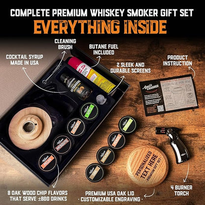 Personalised Whiskey Smoker Kit with Torch & Butane with Oak Wood Chips - Custom Engraved Smoke Lid for Bourbon & Old Fashioned Cocktails - Unique Whiskey Gifts for Men - Fits Various Glasses