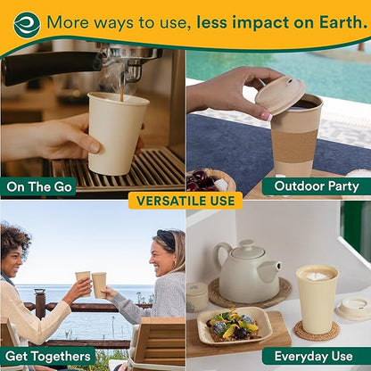 ECO SOUL 50 Pack 16 oz Disposable Coffee Cups with Lids & Sleeves Eco-Friendly, Biodegradable, Compostable, Leak-free & Sturdy To Go Hot Drink Cup for Tea, Chocolate Party Travel Cafe Office & Home