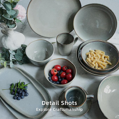 Highland 16pc Dinnerware Set, Unique Organic Shape Double Bowl, Stoneware Plate - Image 5