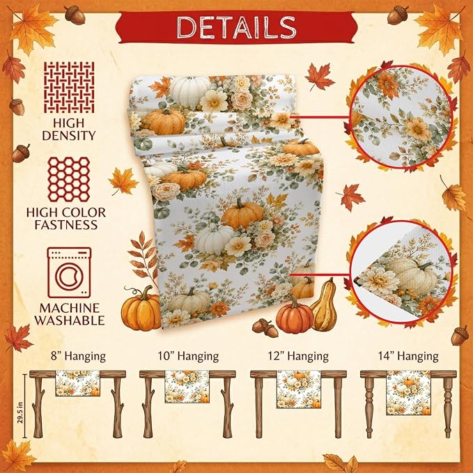 Thanksgiving Table Runner 72 Inches Long, Autumn Floral Leaves Kitchen Dining - Image 5
