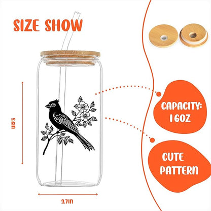 Cute Cardinal Glass Cup With Lids And Straws, Cardinal Gift For Women, Iced, Coffee, Smoothie, Cocktail, Beer, Whiskey, Soda, Matcha,16 Oz, Home Office Table Desk Decoration!
