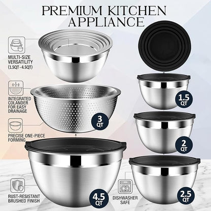 DUTZUN Mixing Bowls with Lids Set, Stainless Steel Mixing Bowls with Colander - Image 2