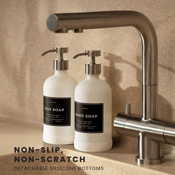 Hand and Dish Soap Dispenser for Kitchen and Bathroom, Set of 2 16 Oz Glass Bottles, Stainless Steel Pumps, Non-Slip Silicone Base, 27 Waterproof Labels (Matte White Bottle/Brushed Silver Pump)