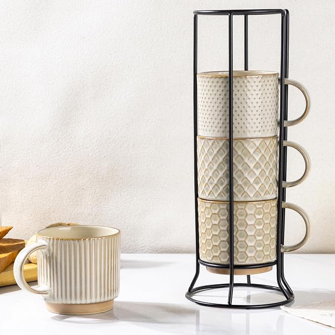 GBhome 12 OZ Stackable Coffee Mugs Set of 4, Ceramic Coffee Cups Set | Coffee by GBhome