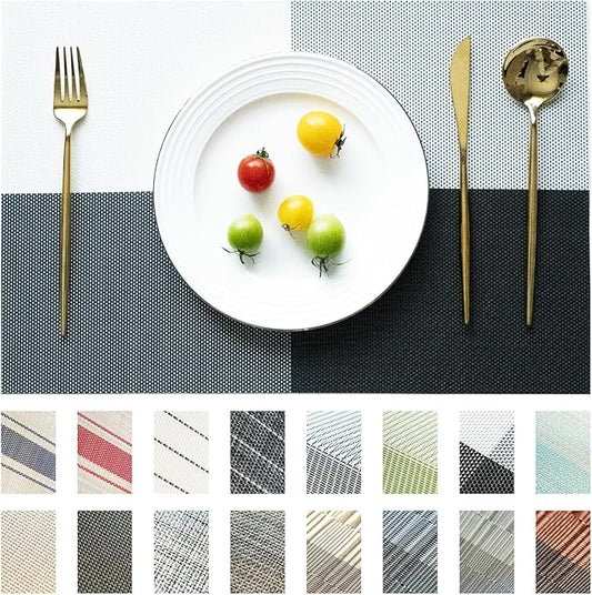 Placemats Set of 6 Vinyl/Plastic Woven Place Mats for Kitchen Table Indoor/Outdoor Washable Placemat Wipeable Dining Table Mats (Grey Grid,6)