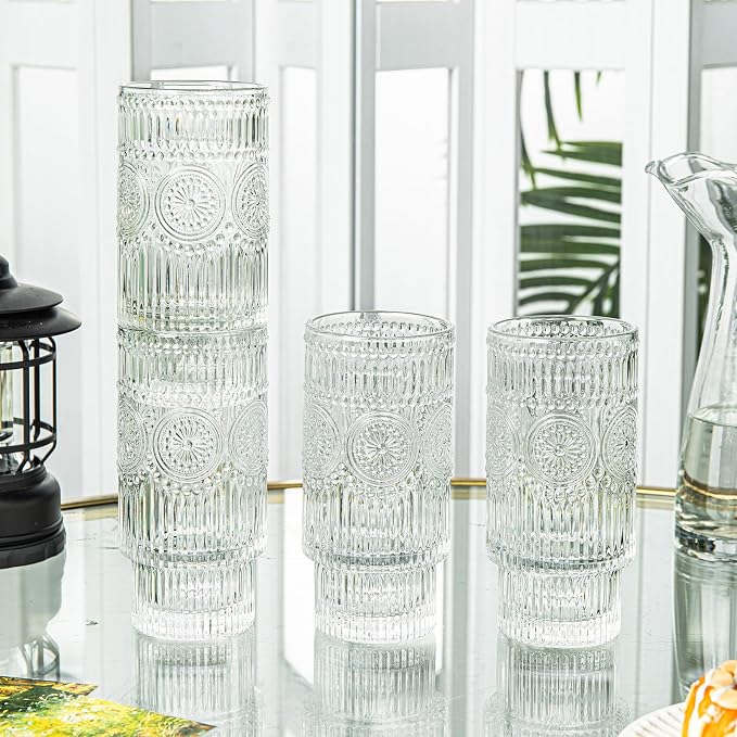 SoulTimes 4 Pack Large 16oz Ribbed Glassware Set, Flower Design Stackable Glass - Image 6
