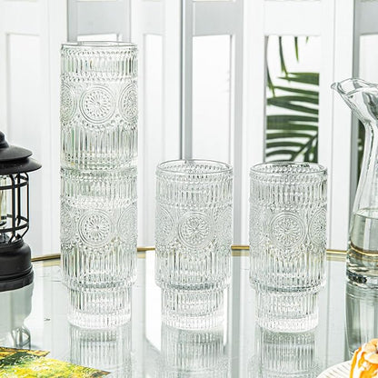 SoulTimes 4 Pack Large 16oz Ribbed Glassware Set, Flower Design Stackable Glass - Image 6