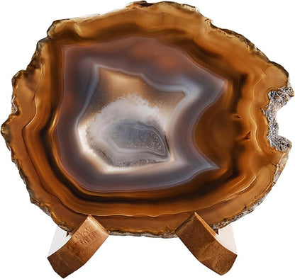 Luxury Lane Large Natural Brazilian Agate Slice Geode Rock Stone Drink Coaster with Wood Holder 4.7-5.5 inch Centerpiece Table Decoration, Ash Gray