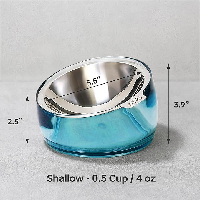 Felli Pet Oblik Whisker Fatigue Cat Food Bowl Raised Stainless Steel Shallow Dish, Pet Design Anti Vomit Tilted Metal Plate Feeder Elevated Acrylic Base(Sapphire, 0.5 Cups Shallow Dish)