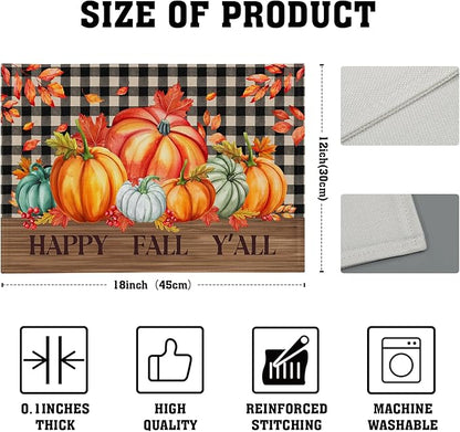 Giwawa Happy Fall Y'all Placemats Set of 4 Colorful Autumn Thanksgiving Pumpkins Leaves Decorative Linen Table Mat 12x18in Black Buffalo Plaids Non Slip Place Mat for Kitchen Dining Party Holiday