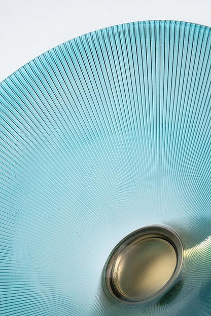 Tapered Glass Decorative Bowl (Blue), 9.8 Inches Handblown Striped Design Fruit Bowl with Rust-Resistant Metal Base for Home Decor, Table Centerpiece, Kitchen Island and Dining Decor
