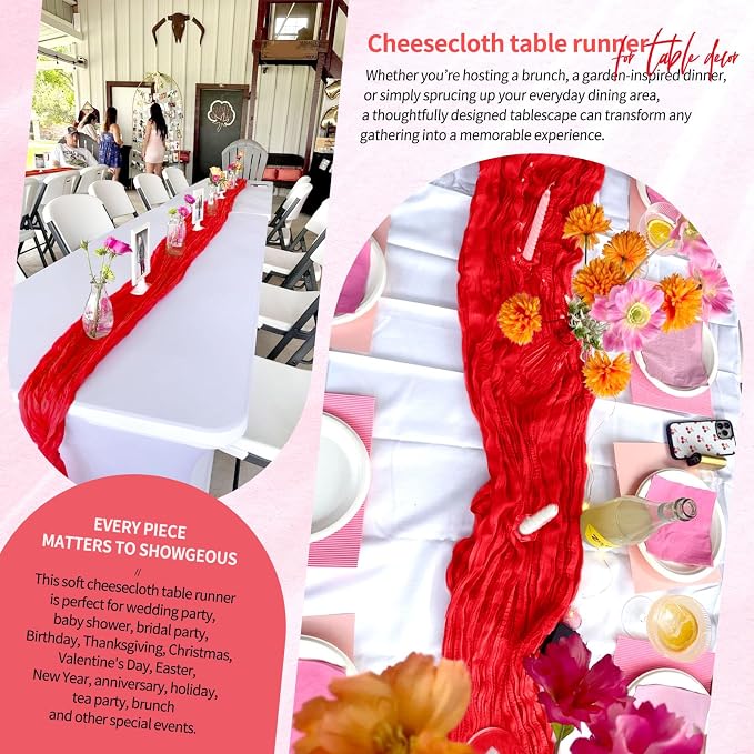 Showgeous 2 Pack Red Cheesecloth Table Runners Boho Wedding Decor | Rustic - Image 8
