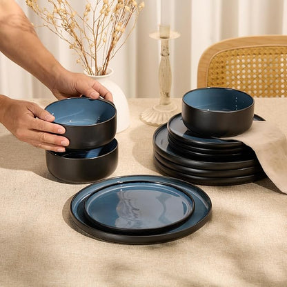 Dinnerware Set, 12 Piece Service for 4, Vase and Vessel, Ceramic 10.5” Dinner Plates, 8.2” Salad Plates and 20 oz Bowls, Stoneware, Somerset Collection (Black/Slate Blue)