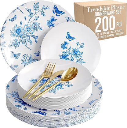 Trendables Fancy Plastic Dinnerware Sets 200 Pc Set 40 Guests Gold Silverware Disposable 40 X 10 Inch Charger Plates 40 X 8 Inch Dessert Plates 40 x Gold Plastic Forks and Spoons Knives In Botanical