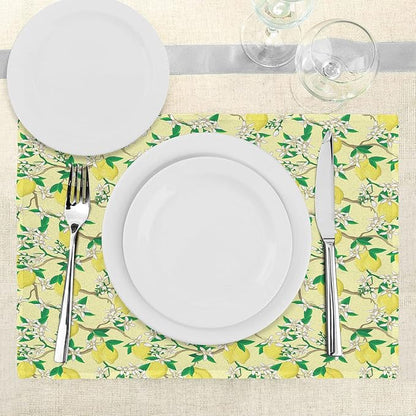 Ambesonne Lemons Place Mats Set of 4, Blooming Lemon Flowers on Tree Branches with Buds and Ripe Fruits, Washable Fabric Placemats for Dining Table, Standard Size, Yellow Fern