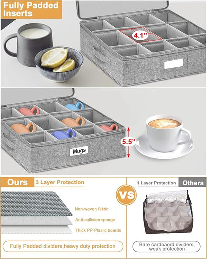 punemi Mug Storage Organizer w/Hard Shell Sides & Bottom, Padded Dividers, 2-Pack Stackable Coffee Mug Storage Boxes for Tea Cups, China Storage Containers for Packing & Moving