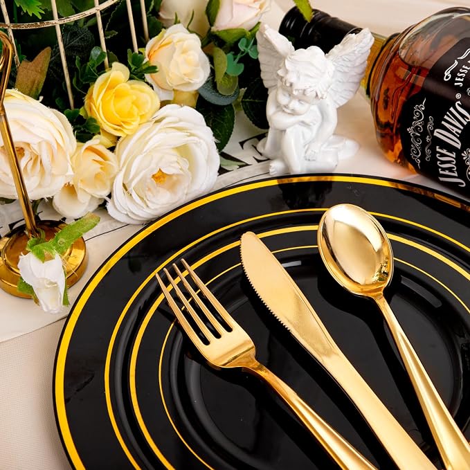 bUCLA 600PCS Black and Gold Disposable Dinnerware Set - Image 6