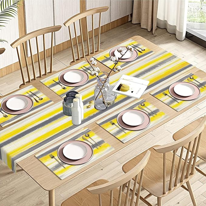 Emvency Table Runner and Placemats Set of 6, Abstract Watercolor Yellow | Grey by Emvency