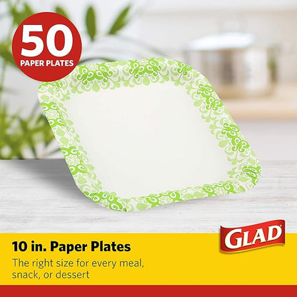 Glad Square Disposable Paper Plates for All Occasions | New & Improved Quality | Soak Proof, Cut Proof, Microwaveable Heavy Duty Disposable Plates | 10" Diameter, 50 Count Bulk Paper Plates