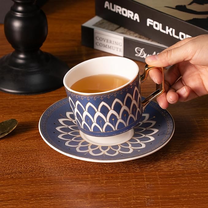 KAMMAK Tea Cups and Saucers Set of 2, Fine Bone China Coffee Cups, NX027 | - Image 5