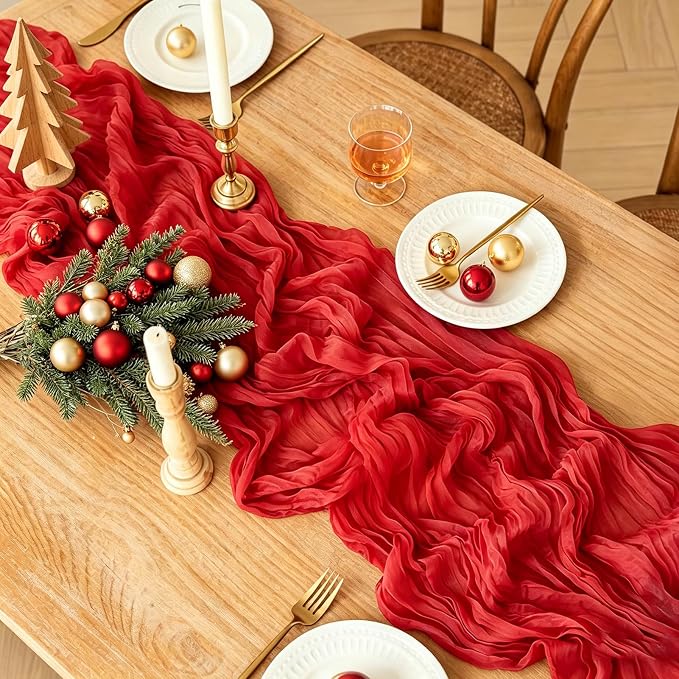 6Pcs Red Table Runner, 10FT Rustic Gauze Red Table Runner 35*120inch Boho Table - Image 2