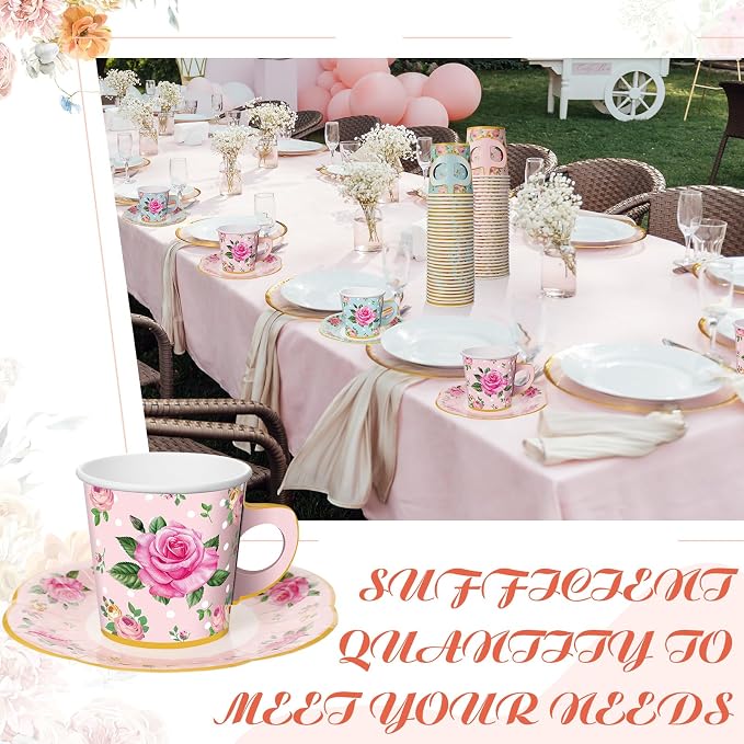 Umigy 60 Sets Floral Tea Party Decorations 9 oz Floral Paper Teacups & Saucer - Image 5