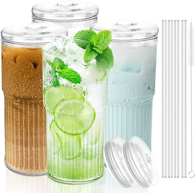 Luiaiog Glass Cups with Lids and Glass Straws, High Borosilicate 20OZ Tumblers by Luiaiog