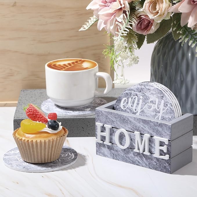 Queekay Coasters Set of 6 House Warming Gifts New Home Wooden Farmhouse Drink - Image 5