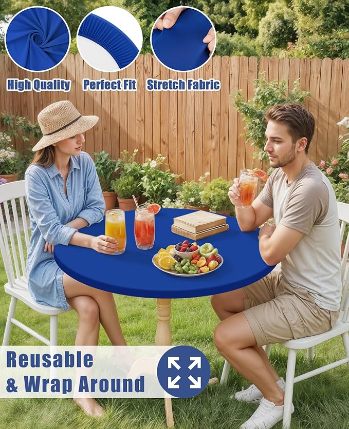 Round Spandex Tablecloth 2 Pack, Elastic Fitted Waterproof Tablecloths for 36"-44" Tables, Stretch Washable Picnic Table Cover for Camping, Dining, Indoor and Outdoor, Blue