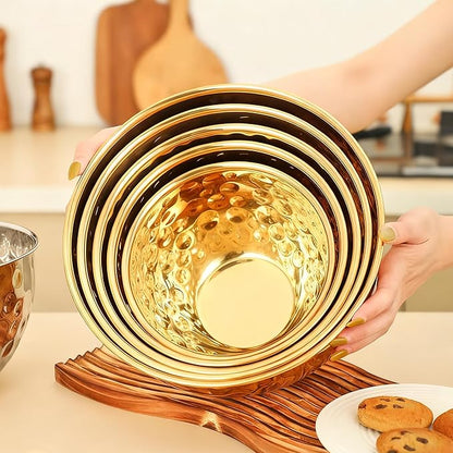 5-Piece Stainless Steel Mixing Bowls Set, Metal Hammered Gold Mixing Bowls for Kitchen, Cooking, Baking, Salad Prep, Food Storage, Reusable Nesting Design, 1.6-4.9 QT Capacity, Dishwasher Safe
