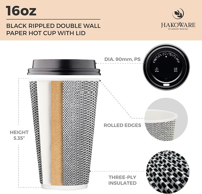 Harvest Pack 16 oz Disposable Coffee Cups, Insulated Ripple Double-Walled Paper - Image 2