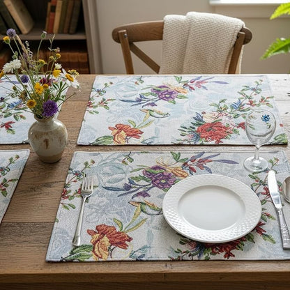 DaDa Bedding Tropical Paradise Floral Blue Roses Placemats - Set of 4 Tapestry Nature Birds Exotic Flowers Botanical Garden Berries - Decorative Linen Woven Kitchen Dining Table Mats - 13” x 19”
