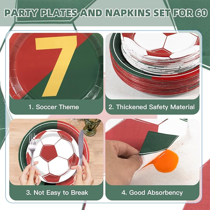 180Pcs Soccer Party Supplies Paper Plates and Napkins Serve 60 | Disposable - Image 3