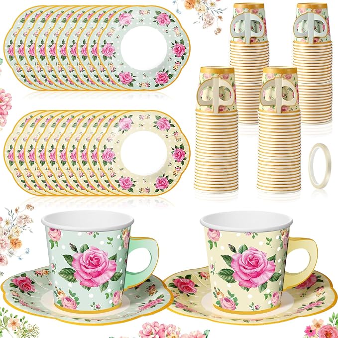 Umigy 60 Sets Floral Tea Party Decorations 6.5 oz Floral Paper Teacups & Saucer by Umigy