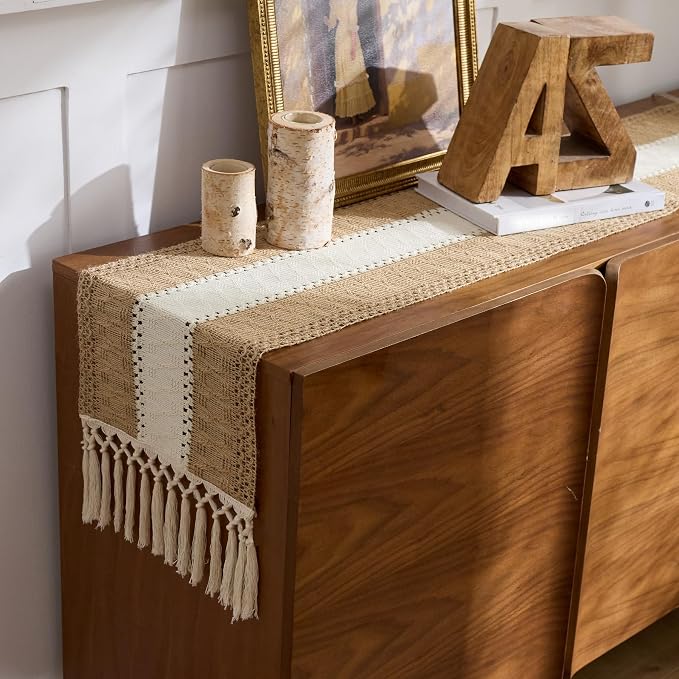Baccessor Boho Macrame Table Runner, Woven Beige Jute Linen Table Runner - Image 5