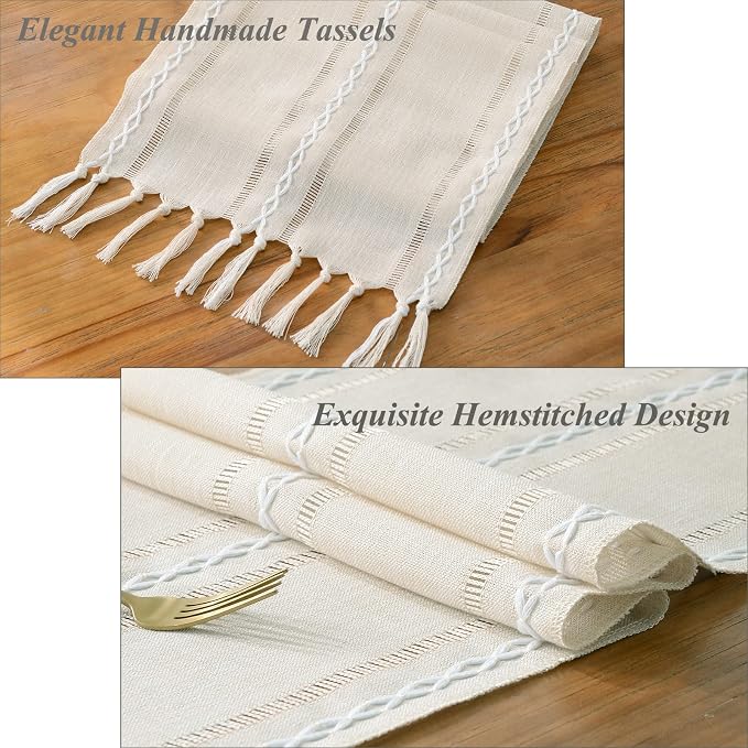 Wracra Rustic Linen Table Runner, Ivory Table Runners 108 inches Long | Raised - Image 2