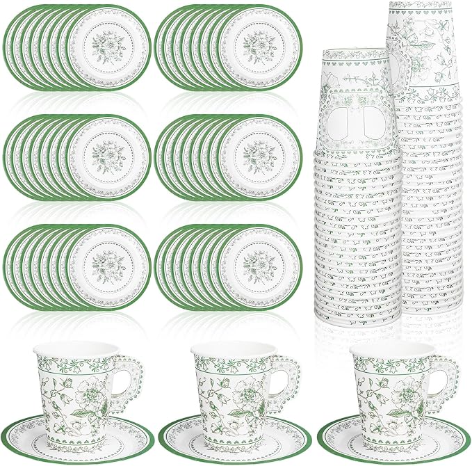 Whaline 80 Pcs Green White Floral Paper Tea Cups and Saucers Porcelain by Whaline