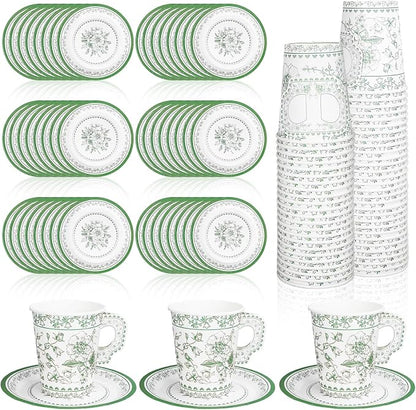 Whaline 80 Pcs Green White Floral Paper Tea Cups and Saucers Porcelain by Whaline
