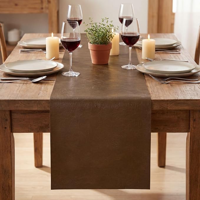 Artoid Mode Brown Double Sided Vinyl Faux Leather Table Runner, Seasonal - Image 2