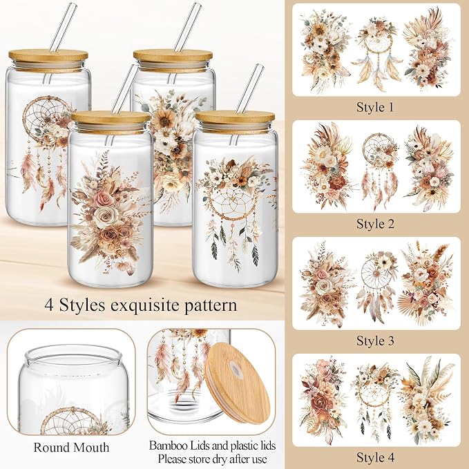 Mumufy 4 Pack Wildflower Glass Cups Gift Aesthetic Cute Glass Cup Tumbler - Image 3