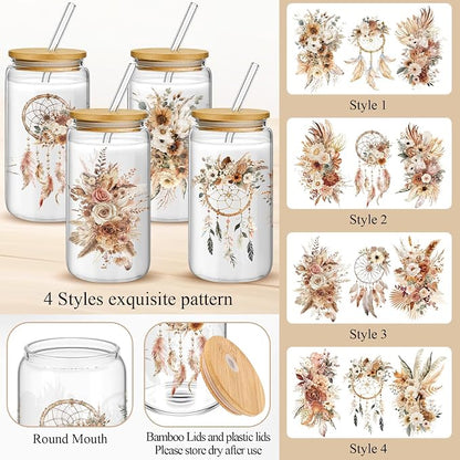 Mumufy 4 Pack Wildflower Glass Cups Gift Aesthetic Cute Glass Cup Tumbler - Image 3