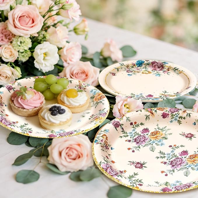 180Pcs Vintage Floral Party Supplies Paper Plates and Napkins Serve 60 | - Image 4