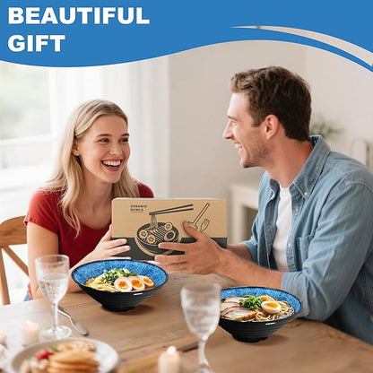 9.4-Inch 4 Sets Ceramic Ramen Bowl (16 Piece) - Japanese Porcelain Dishwasher Microwave Safe Salad Noodles Cereal Pasta Soup Large Bowls with Chopsticks Forks Spoons for Men Women Housewarming Gift